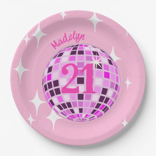 Pink Modern Disco Mirror Ball 21st Birthday Paper Plates (Front)
