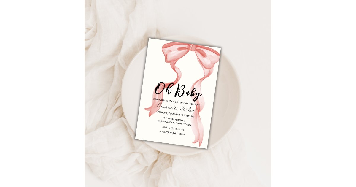 Pink Modern Elegant Bow Girl Baby Shower Invitation | Zazzle