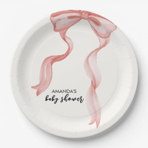 Pink Modern Elegant Bow Girl Baby Shower Paper Plates