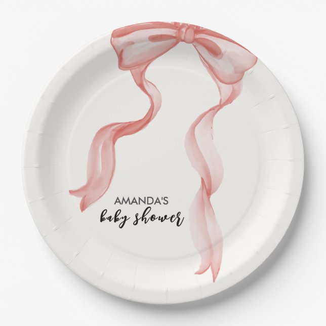 Pink Modern Elegant Bow Girl Baby Shower Paper Plates (Front)