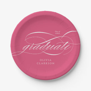 Pink Modern Elegant Script Graduation Party Paper Plates