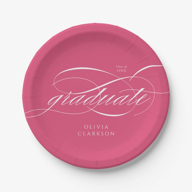 Pink Modern Elegant Script Graduation Party Paper Plates (Front)