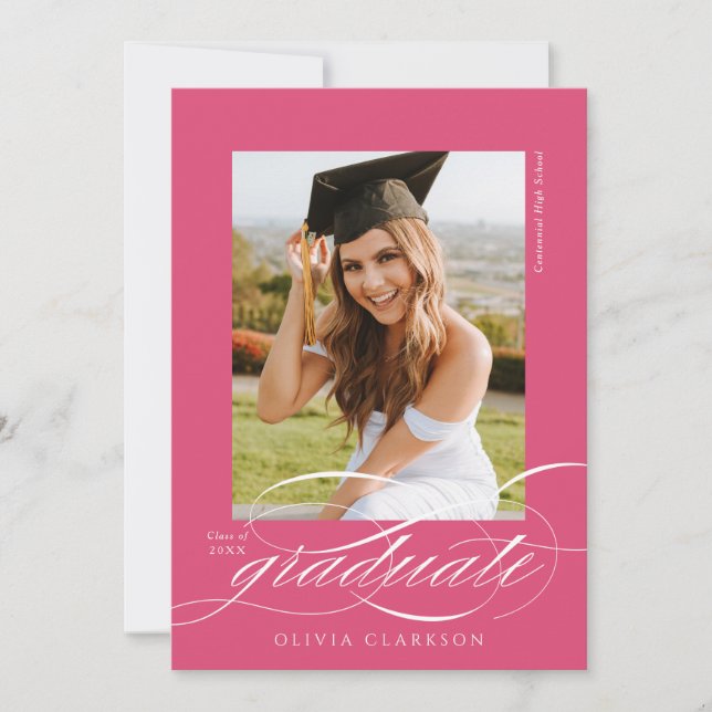 Pink Modern Elegant Script Photo Graduation Party Invitation (Front)