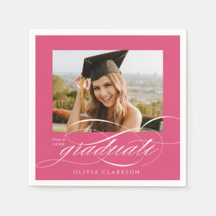 Pink Modern Elegant Script Photo Graduation Party Napkins
