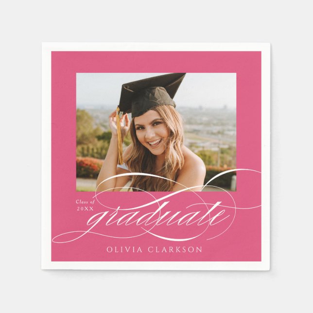 Pink Modern Elegant Script Photo Graduation Party Napkins (Front)