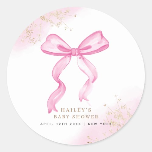 Pink Modern Elegant Watercolor Bow Baby Shower  Classic Round Sticker