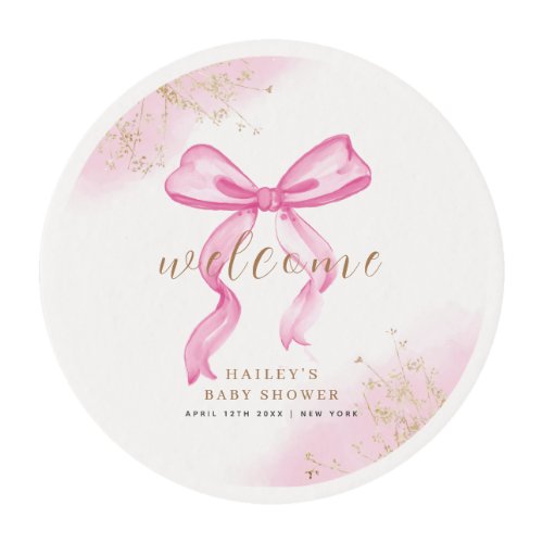 Pink Modern Elegant Watercolor Bow Baby Shower  Edible Frosting Rounds