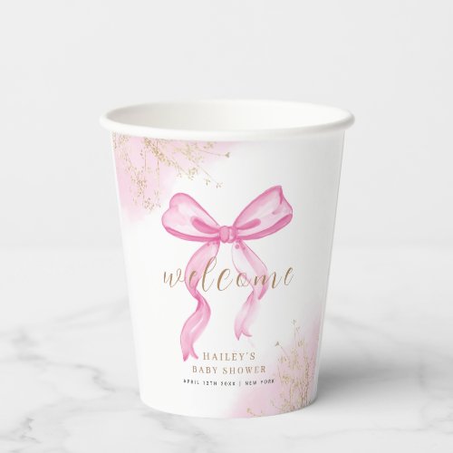 Pink Modern Elegant Watercolor Bow Baby Shower  Paper Cups