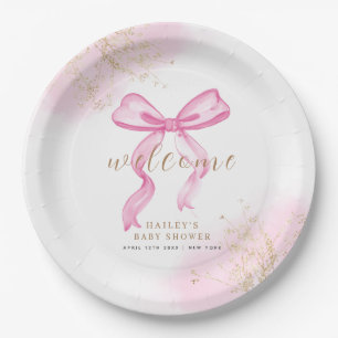 Pink Modern Elegant Watercolor Bow Baby Shower Paper Plates