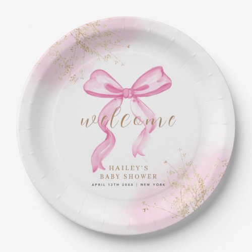 Pink Modern Elegant Watercolor Bow Baby Shower  Paper Plates