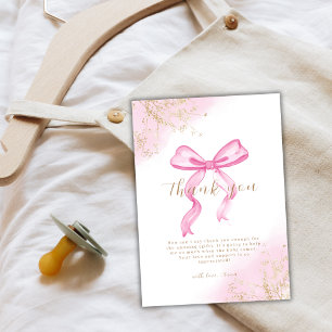 Pink Modern Elegant Watercolor Bow Baby Shower  Thank You Card