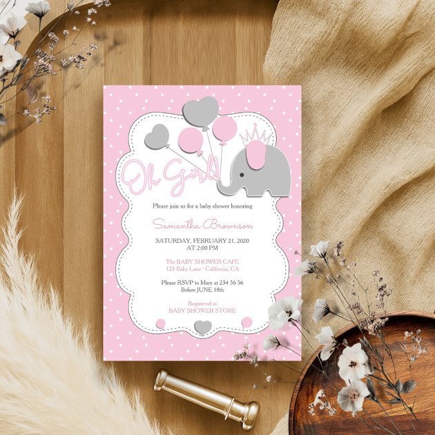 Pink Modern Elephant Crown Oh Girl Baby Shower Invitation