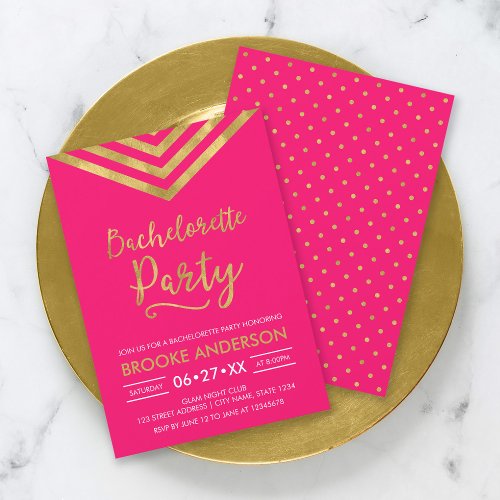Pink Modern Faux Gold Chevron Bachelorette Party Invitation