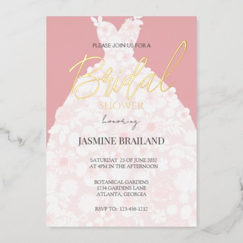 Pink Modern Floral Gown Bridal Shower Gold    Foil Invitation