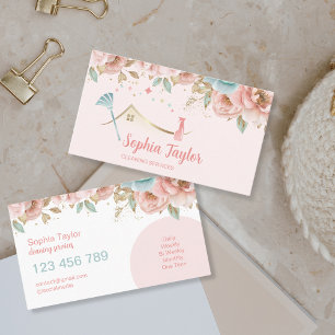 Pink Modern Floral House Cleaning Services Business Card