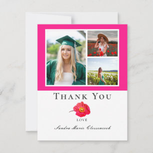 Pink Modern Floral Photo Collage Graduation  Thank You Card