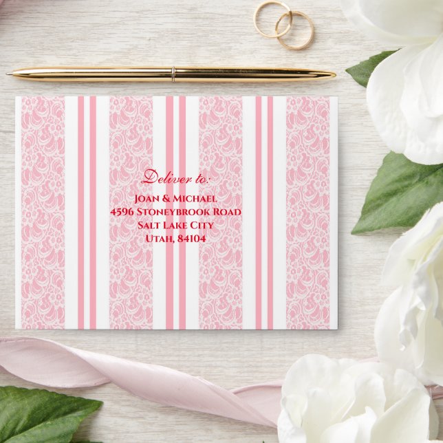 Pink Modern Floral Stripe Wedding Pre-addressed Envelope (Wedding)