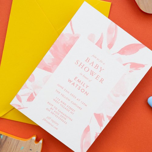 Pink Modern Floral Watercolor Baby Shower Invitation