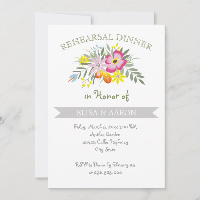 Pink modern floral wedding rehearsal dinner invitation (Front)