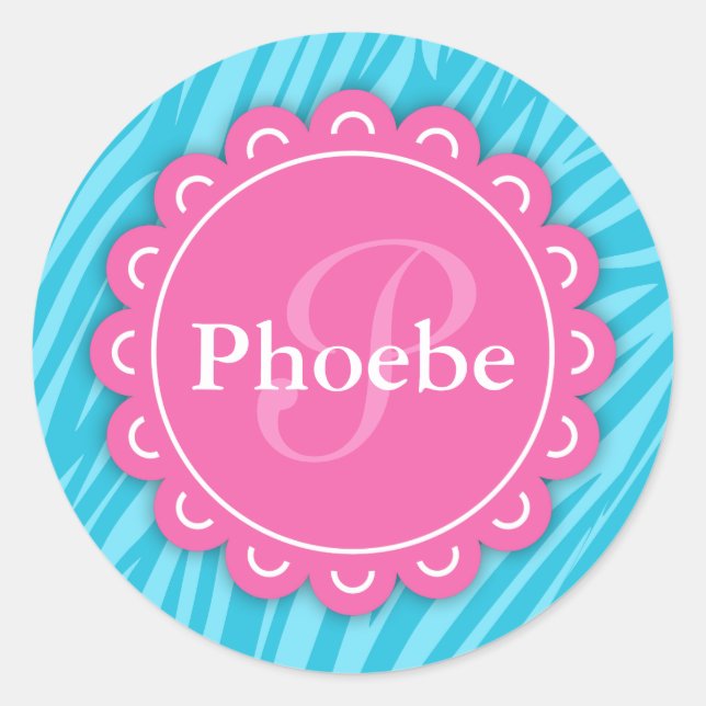 Pink Modern Flower Monogram Aqua Blue Zebra Print Classic Round Sticker (Front)