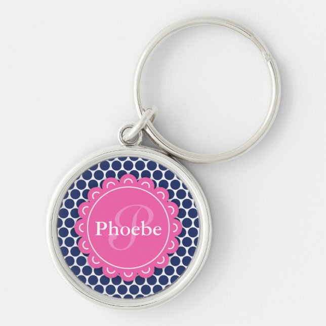 Pink Modern Flower Monogram Blue Polka Dot Pattern Keychain (Front)