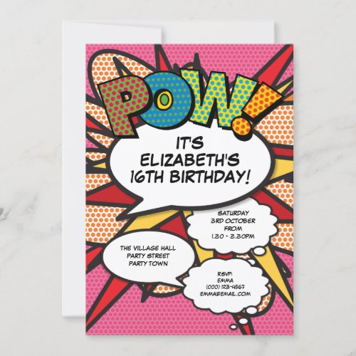 Pink Modern Fun Birthday Party Comic Book Any Age Invitation