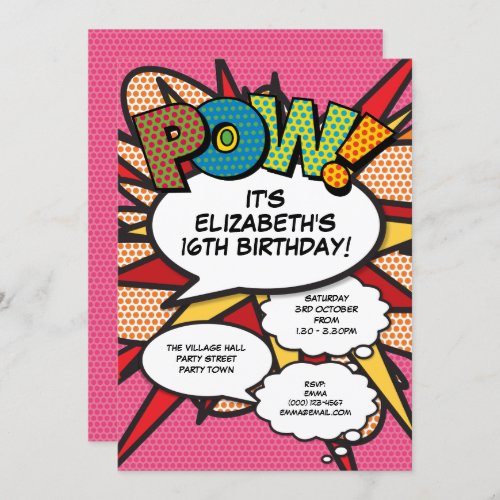 Pink Modern Fun Birthday Party Comic Book Any Age Invitation