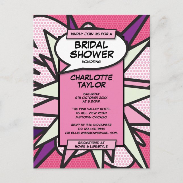 Pink Modern Fun Bridal Shower Comic Book Invitation Postcard (Front)