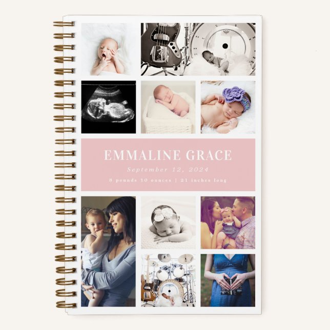 Pink Modern Gallery Ten Baby Photo Collage Notebook (Front)