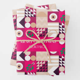 Pink Modern Geometric Christmas Named Wrapping Paper Sheets