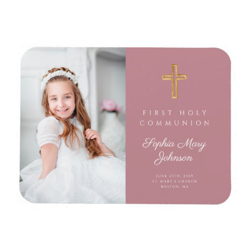 Pink Modern Girl First Holy Communion Photo Magnet
