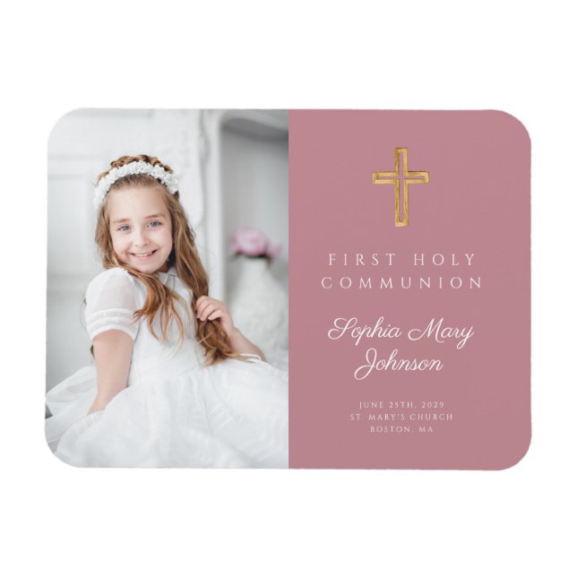 Pink Modern Girl First Holy Communion Photo Magnet (Horizontal)