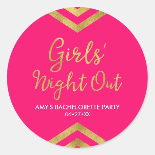 Pink Modern Girls Night Out Faux Gold Chevron Classic Round Sticker