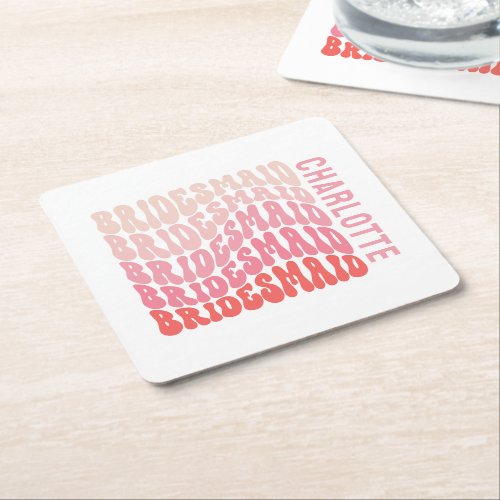 Pink modern girly retro 60s simple bridesmaid  square paper coaster