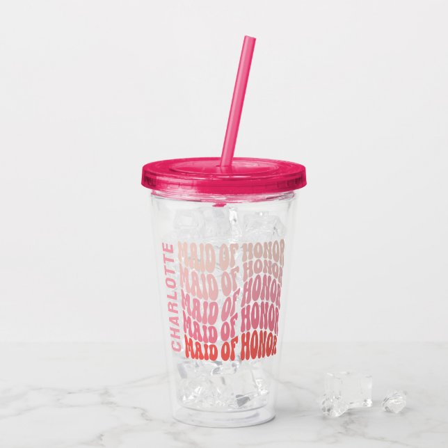 Pink modern girly retro 60's simple maid of honor acrylic tumbler (Back Ice)