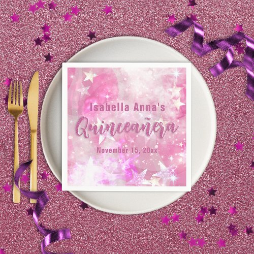Pink Modern Glam Gleaming Starry Quinceaera Napkins
