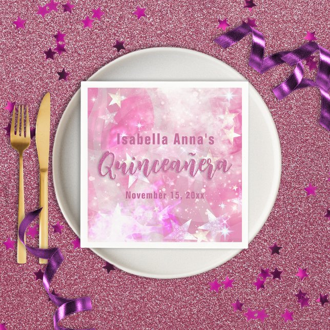 Pink Modern Glam Gleaming Starry Quinceañera Napkins (Creator Uploaded)