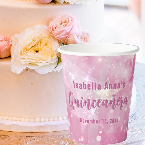 Pink Modern Glam Gleaming Starry Quinceaera Paper Cups