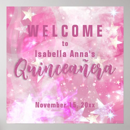 Pink Modern Glam Gleaming Starry Quinceaera Poster