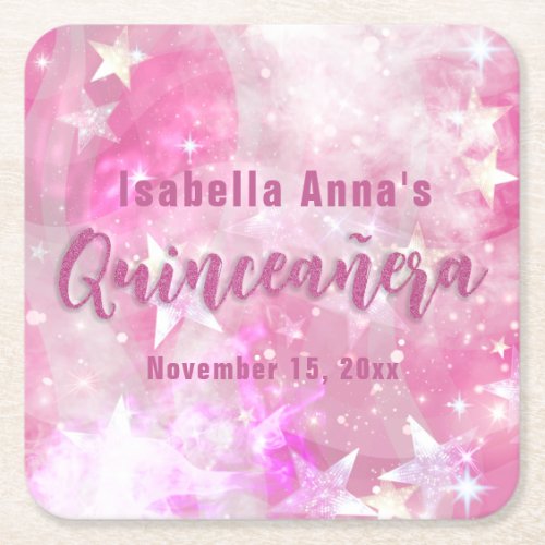 Pink Modern Glam Gleaming Starry Quinceaera Square Paper Coaster