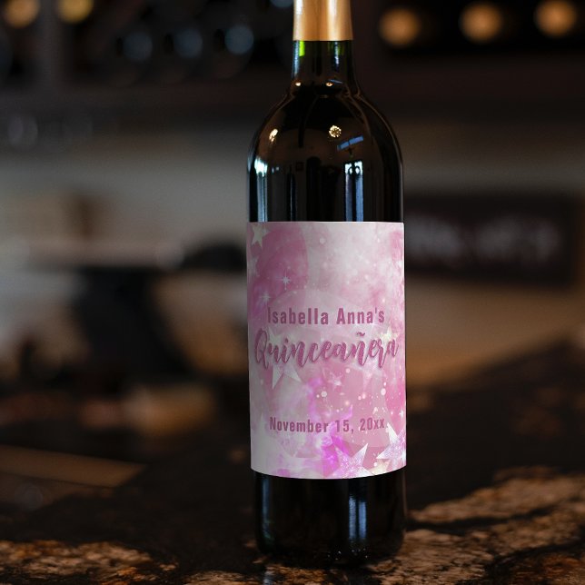 Pink Modern Glam Gleaming Starry Quinceañera Wine Label (Creator Uploaded)