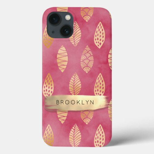 Pink Modern Gold Foliage Brush Stroke w Name iPhone 13 Case