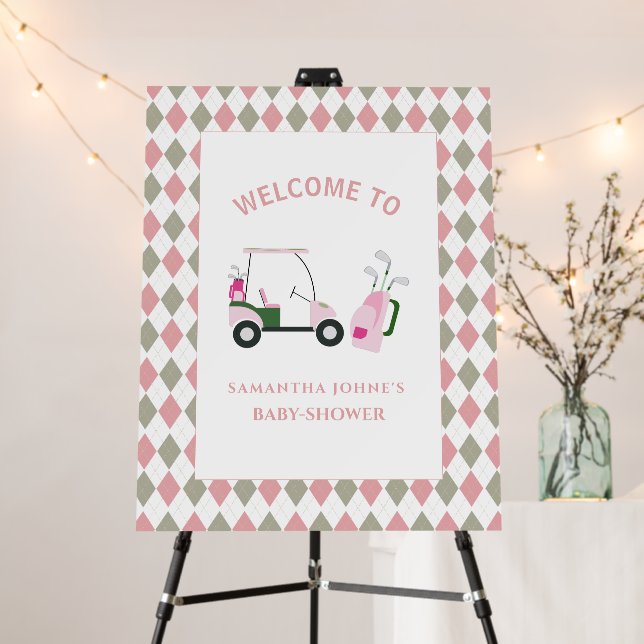 Pink Modern Golf Baby Shower Welcome Sign (In Situ (Stand))