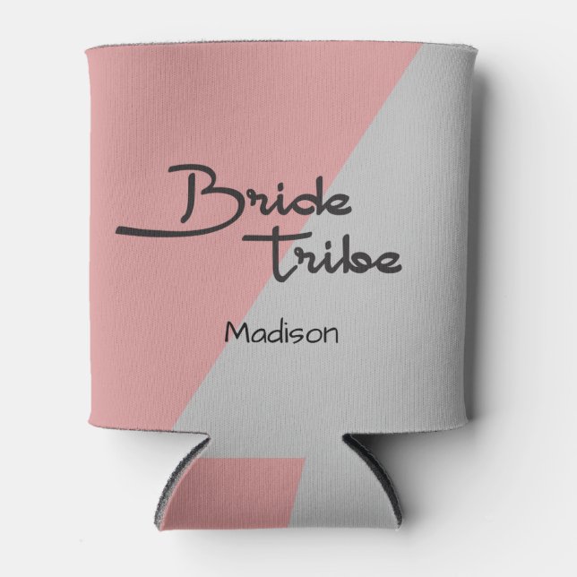 Pink Modern Handwritten Script Bride Tribe Name Can Cooler (Front)