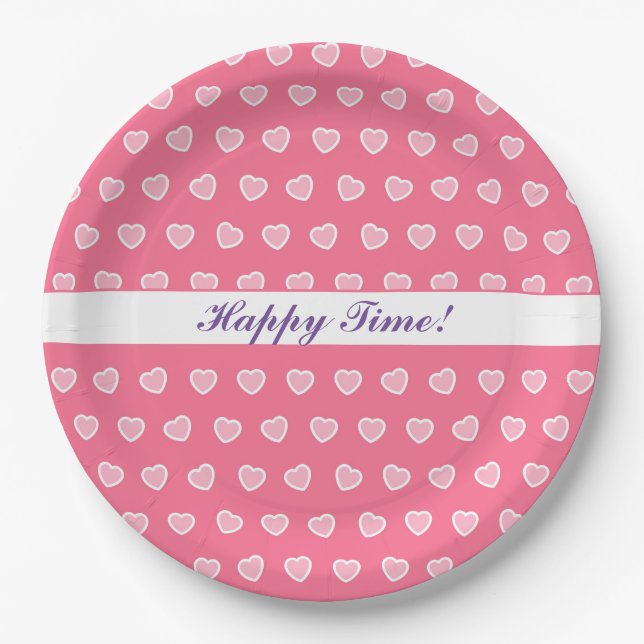 Pink Modern Heart Valentines Day Collection Paper Plates (Front)