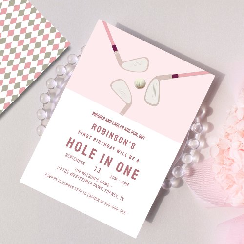 Pink Modern Hole in One Par_tee golf birthday Invitation