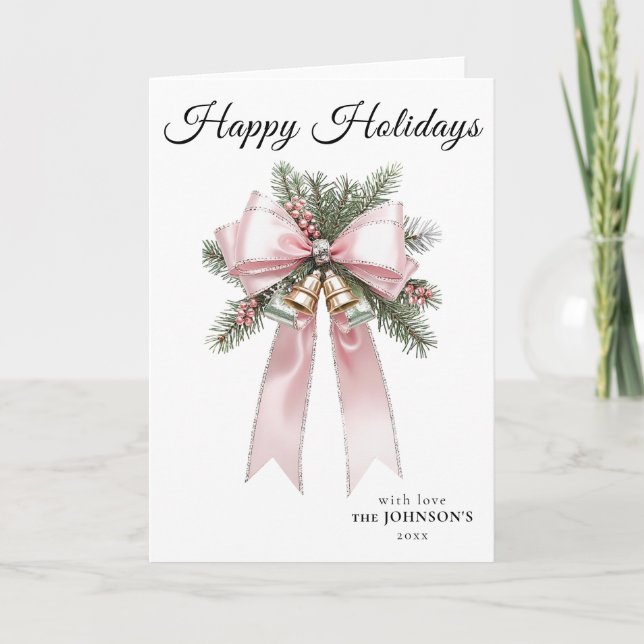 Pink Modern Holiday Bow Christmas Card (Front)