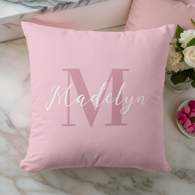 Pink Modern Initial Name Monogram Throw Pillow (Creator Uploaded)