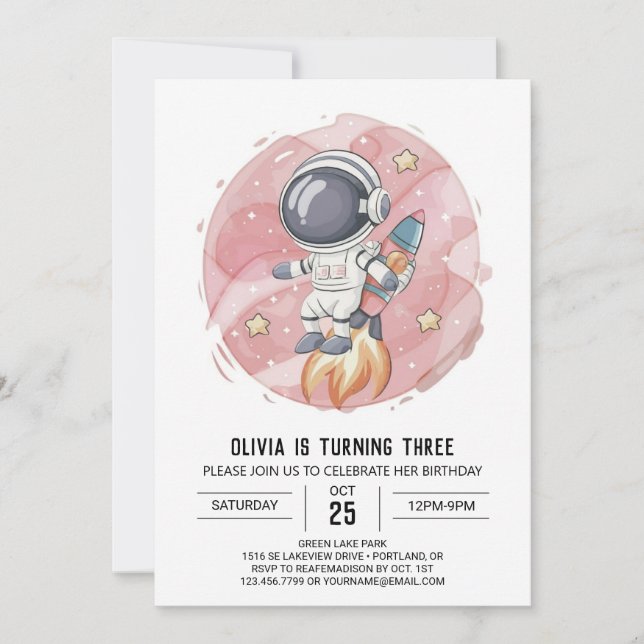 Pink Modern Journey Astronaut Birthday Invitation (Front)