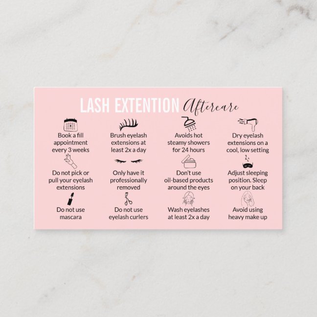 Pink Modern Lash Aftercare Tips and Instructions Business Card